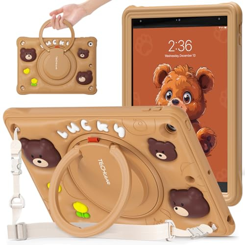 TECHGEAR BubblyToons Kids Case for Apple iPad 10.2 - School/Nursery Child-Friendly Soft & Rugged Tough Case with Rotating Stand & Ring Grip Hand Holder - TeddyBear