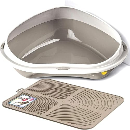 Cat Centre Katzenklo Offen Ecktoilette Für Katzen Eckkatzentoilette Katzentoilette Ohne Deckel Mit Grauer Katzenstreu Matte Grau XL 58 x 48 cm