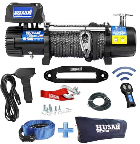Husar Winch Elektrische Seilwinde 13000 lbs | 5897 kg 12V mit 28 m x 10 mm Synthetikseil, Funkfernbedienung, 3-stufigem Planetengetriebe, Offroad-Seilwinde für 4x4,SUV,Geländewagen und Fahrzeugbergung