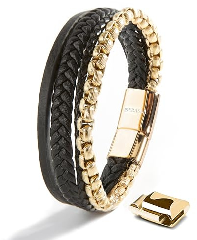 SERASAR Pulseras de cuero premium para hombre | Cierre seguro de acero inoxidable | Tres colores | Joyero Incluido