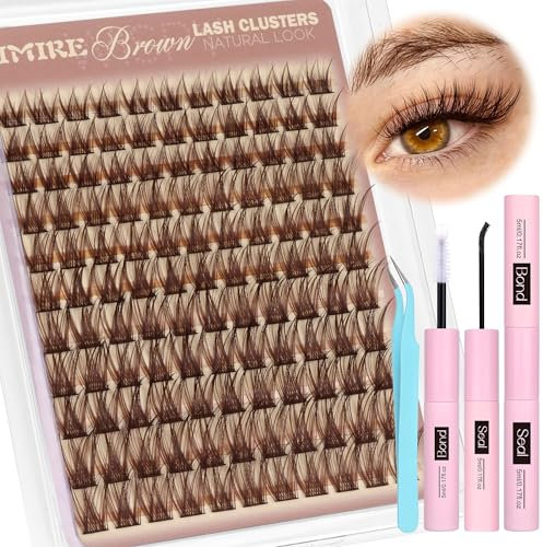 Brown Cluster Lashes Glue Bond and Seal Wispy Brown Eyelashes Individual Kit D Curl Lashes Individual Cluster 10-18MM Wispy Cluster Lashes Kit Natural Look Lashes Clusters with Thin Lash Band