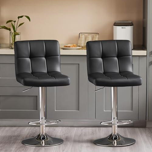 Sweetcrispy Barhocker 2er Set,PU-Leder Gepolsterter Barstuhl,Bistrohocker mit Lehne Fußstütze,360°Höhenverstellbar Drehbar Küchenhocker Designer Hocker,Tresenhocker für Bar,Theke,Küche,Schwarz