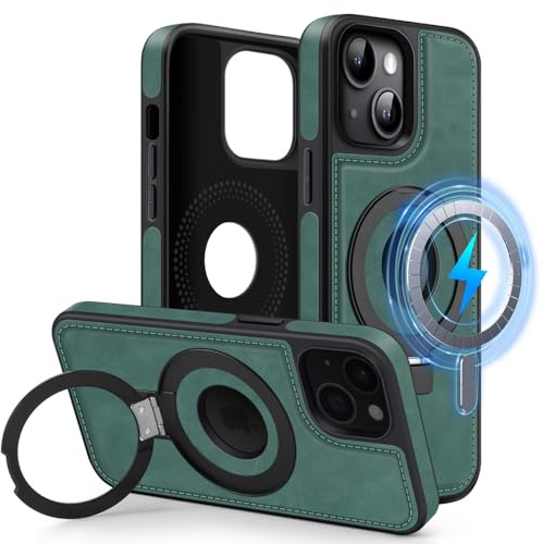 MOBESV Magnetisch Handyhülle mit Ständer [Logo View] für iPhone 15 6,1 Zoll, Lederhülle kompatibel mit MagSafe, Dünn Klassische Elegant Hülle, Grün