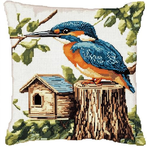 WallustrioaW Tier Kreuzstich Kissen Set,Eisvogel und Vogelhaus,Stickset Kreuzstich Set Vorgedruckt,Kissen 45x45cm stickset anfänger,Heimdekoration
