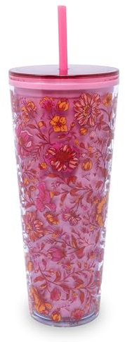 Vera Bradley Bicchiere da viaggio con coperchio e cannuccia, tazza termica da 680,4 g, in plastica floreale, a doppia parete (giardino fiorito)