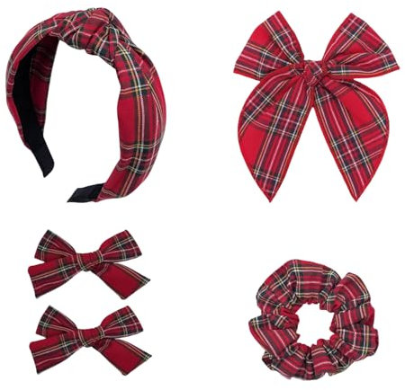 Cosmeria Plaid Haarschleifen Set - 4-Teiliges Set Mit Uniform Karierter Stirnband, Haarschleifen Und Haargummis, Für Verschiedene Frisuren Und Anlässe