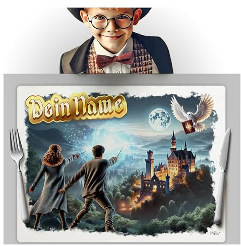 Magisches Tischset PERSONALISIERT mit Name für Jungen und Mädchen Platzset mit Eule, Schloss, Zauberstab Geschenk Jungs Mädchen Geschenke Zauberer Geburtstag Weihnachten Fanartikel Platz-Set TS24DEDE