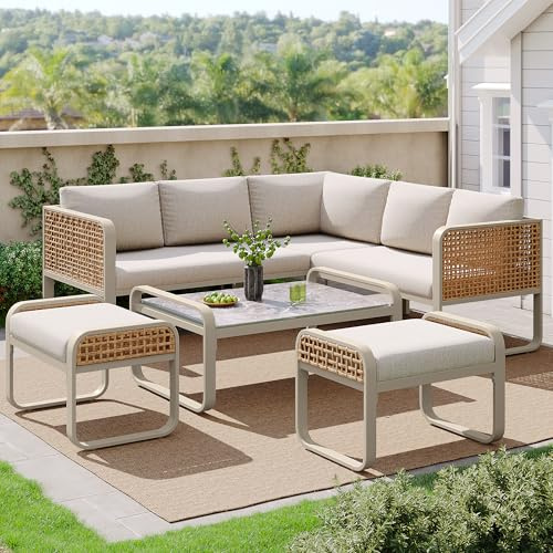 ModernLuxe Outdoor-Sofa Garten-Lounge-Set aus Rattan für 6-7 Personen Gartenmöbel Balkonmöbel – Ecksofa mit Eisenrahmen, verstellbare Beine, inklusive Sitz- und Rückenkissen – Gartenmöbel Beige