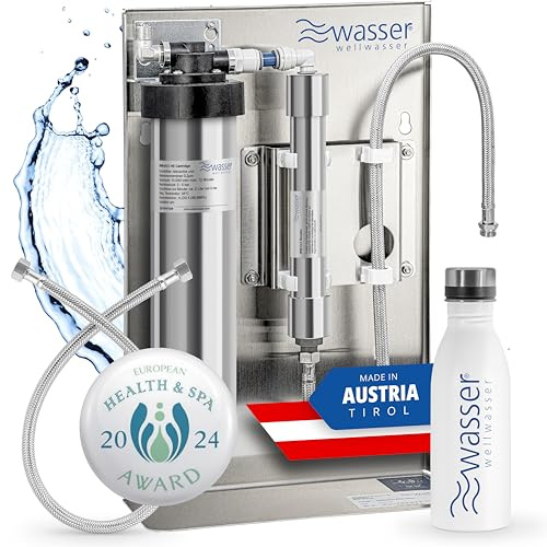 WELLWASSER Wasserfilter 3-stufig Untertisch [CLT Booster] + Trinkflasche Edelstahl 500ml reduziert 99,999% Bakterien Wasserfilter Trinkwasser keimfrei inkl. Panzerschlauch 3/8 Wasserfilter Wasserhahn