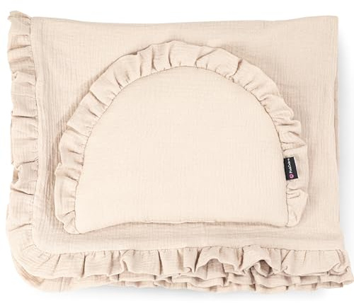 PinkZebra Musselin-Bettwäsche mit Rüschen, hochwertiges Bettenset: weiches Flachkissen + 4-lagige Decke aus 100% Bio-Baumwolle, Kuscheldecke, Schlafdecke, Beige