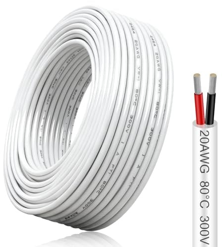 20 AWG Elektrokabel 2×0,5 mm², 2-adriges Anschlusskabel, Flexibles Kupferkabel aus verzinntem Kupfer für 5V/12V/24V, 300V, 10 m Weiß, Niedervoltkabel für LED-Streifen, Modellbau und DIY