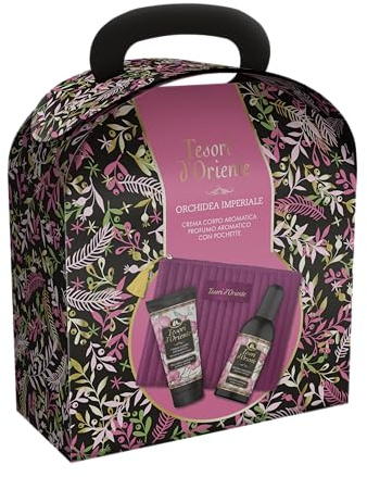 Tesori d'Oriente, Orchidea Imperiale Set Regalo da Viaggio, Include Profumo Aromatico 100 ml, Crema Corpo Idratante 75 ml, e Pochette Elegante, Fragranze con Note Durevoli di Violetta e Ambra