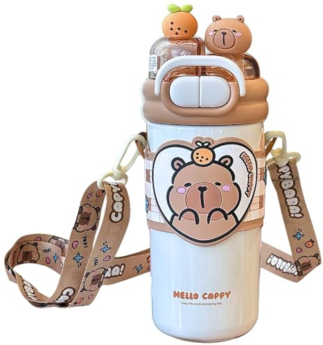 DAGLLGEW Capybara Water Bottle, 520ml Stainless Steel Double-Drinking Kawaii Water Bottle with Straw and Adjustable Strap for School Office Travel, Light Brown with Straw for Kids