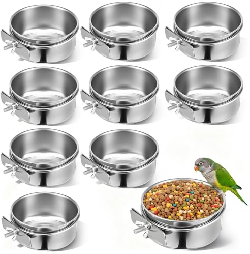 10 Pack Stainless Steel Bird Food Bowls with Clamp Holder, Parrot Feeding Dish Cups for Cage, Rustproof Bird Water Feeders for Cockatiel Conure Budgie Parakeet Macaw Lovebird Small Animals