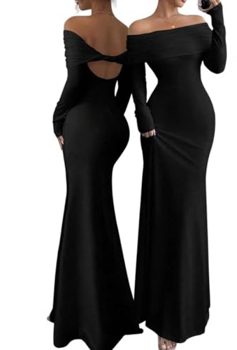 JYIXXZX Womens Off The Shoulder Maxi Dress Sexy Long Sleeve Fishtail Bodycon Elegant Long Dresses Slim Fit Backless Wrap Dresses for Party Wedding Guest Cocktail Evening Gown