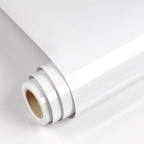 YENHOME Selbstklebende Tapete Weiß Glänzend Dekorfolie 40x500cm Möbelfolie Selbstklebende Tapete für Wand Wohnzimmer Kinderzimmer Weiß Glänzend Klebefolie Folie für Möbel Schrank Tisch Wasserdicht
