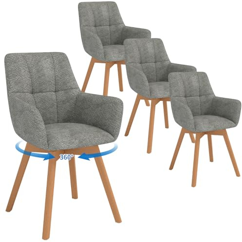 LEWE Esszimmerstühle Drehbar 4er Set mit Armlehne und Holzbeinen, 360°Drehstuhl, Polsterstuhl mit Ergonomische Stoffrückenlehne, für Esszimmer, Küche, Wohnzimmer, Schlafzimmer, Dunkelgrau