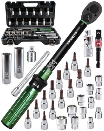 Uharbour - Chiave dinamometrica 3/8, 5-60 Nm, set da 31 pezzi per moto, ±3% di precisione con prolunga, dadi a innesto e adattatori, cricchetto a 72 denti per bicicletta, moto e auto