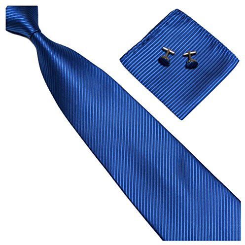 GASSANI 3-SET Blaue Krawatte Streifen gestreift | Binder Royal-Blau Manschettenknöpfe Einstecktuch | Krawattenset zum Anzug Seide-Optik