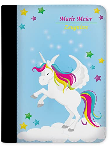 CreaDesign, Kinder Zeugnismappe personalisiert mit Namen, Zeugnis Mappe Einhorn Blau, DIN A4, 26,7 x 32,7 x 1 cm, Rücken schwarz