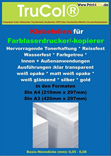 10 Blatt DIN A4 hitzebeständige, selbstklebende und glänzende KLARE Polyester-Folie Klebefolie Druckerfolie, klebend, zum Bedrucken, Wetterfest, outdoor für Laserdrucker + Kopierer. Klebt auf Platten aus Plastik, Glas, Metall oder auf anderen lackierten flachen und glatten Oberflächen. Für selbstklebende Etiketten, Aufkleber, Banderolen, Hinweis- und Typenschilder.