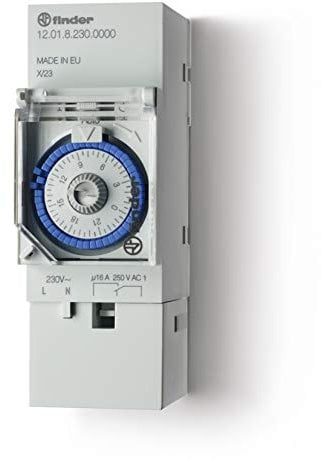 Finder Interruttore orario meccanico a cavalieri giornaliero Tipo 12.01. Dotato di 1 contatto NO 16 A. Stesso programma per ogni giorno. Intervallo minimo di programmazione 30 minuti. Montaggio su barra 35 mm