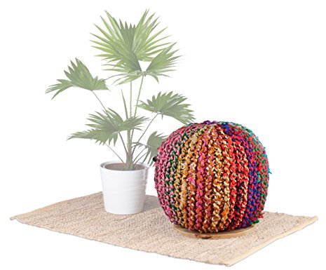 Native Home Pouf Hocker, 2 in 1, Beistelltisch & Sitzhocker, rund, Mangoholz, Strick-Design, HxBxT 40 x 40 x 40 cm, bunt