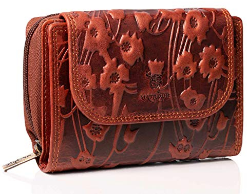 MATADOR Leder Portemonnaie Damen Mittelgroß #Murcia mit edler Geschenk Box, Elegante Geldbörse Damen Mittelgroß im Querformat, RFID Geldtasche Frauen Leder Portmonee, Blumen Braun
