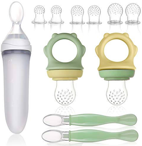 Lictin Tetine Grignoteuse Bebe - 6 Remplacement Tétine d'alimentation Pour Bébé, 3 Tailles Silicone Sucette Fruits Bebe Sans BPA, Avec Cuillère à Bébé Sécurisée Vert