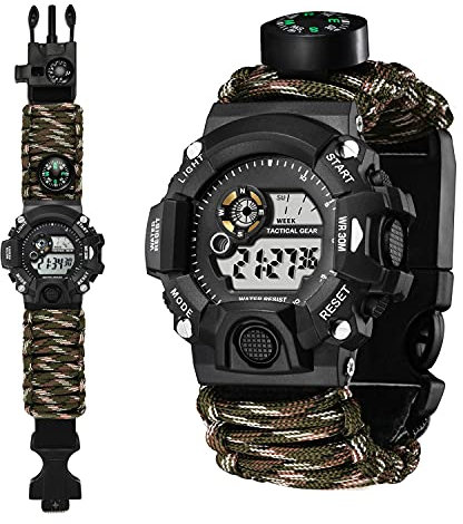 YZOTEK Multifunzione Orologio da Polso da Sopravvivenza All'aperto, Cinturino Impermeabile per Sport di Emergenza con Paracord, Bussola, Termometro, Fischietto, Dispositivo Antincendio, Raschietto