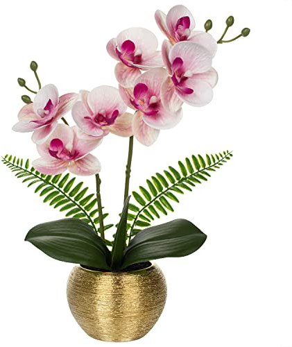Kunstblumen wie Echt Orchideen Künstlich Blumen Deko Kunstpflanze Phalaenopsis im Goldfarbenen Topf Frühlingsblumen für Wohnzimmer Badezimmer Büro Dekoration