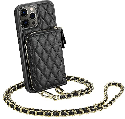 LAMEEKU Brieftaschen-Schutzhülle kompatibel mit iPhone 12 Pro Max, Crossbody-Kette, Brieftasche, Schutzhülle mit Handgelenkschlaufe, kompatibel mit iPhone 12 Pro Max 6.7 Zoll, Schwarz