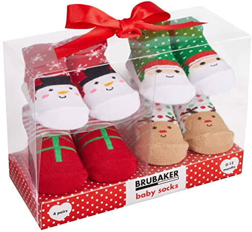 BRUBAKER 4 Paar Babysocken Jungen Mädchen 0-12 Monate - Baby Weihnachtssocken Geschenkset für Neugeborene in Geschenkverpackung mit Schleife - Weihnachten