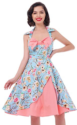 Robes rockabilly pour femme - Style vintage des années 50 - Dos nu - Fleurs - Polka Dot - Lignes A - Robe festive - Robe de bal - Robe de soirée, Rose pâle, XL