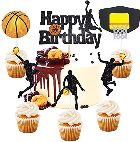 Bymivofun 11 Stück Basketball Geburtstags Toppers, Schwarzer Glitzer Basketball Kuchen Deckel, für Männer, Jungen, Geburtstag, Event, Partyzubehör, schwarzer Glitzer