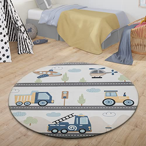 TT Home Teppich Kinder Kinderzimmer Kinderteppich Babymatte Straße Auto Wolke Berg, Farbe: Grau Weiß Gelb, Größe:80 cm Rund