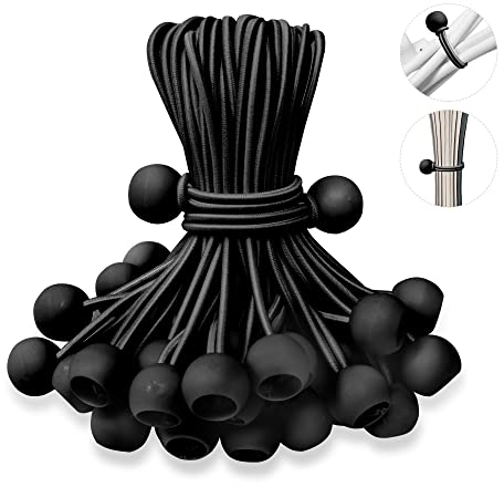 EMEKIAN 15 cm Ball Bungee Schnüre, Schwerlast UV Beständiges Gummiseile, Wiederverwendbare Spannschnur mit Bällen für Golfnetze, Fußballtore, Camping, Zeltstangen, Schlauch (Schwarz, 50 Stück)