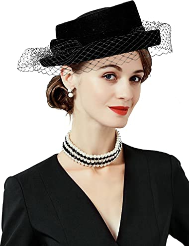 ELLYDOOR Fascinator aus Wolle, Winter, Wollfilz, Pillbox-Hut für Damen, Hochzeit, Kirchenhut, Schleier, Schleife, Fedoras, 2022 Schwarz, Einheitsgröße