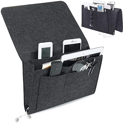 Filz Betttasche Sofa Organizer - Nachttisch Tasche Mit 5 Taschen Zur Ablage Von Büchern, Handys, Fernbedienungen, Brillen - Für Bett Und Sofa (Schwarz)