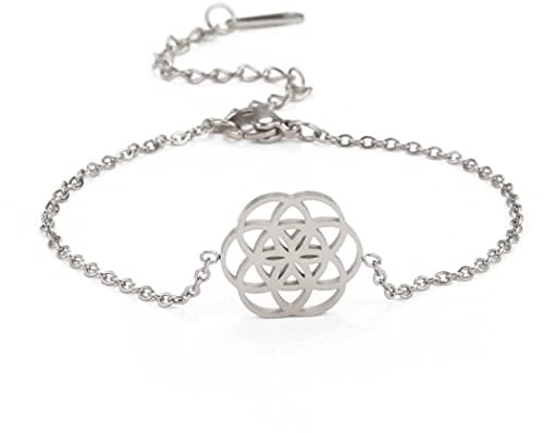 UNIFT Blume des Lebens Armband für Frauen Edelstahl Hollow Out Geometrisch Stilvolle Blume des Lebens Anhänger Armband Heilige Geometrie Spiritueller Schmuck (Silber)