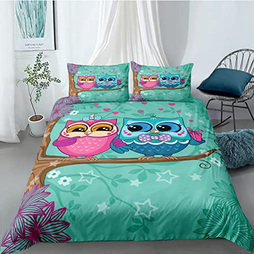 Bettwäsche 135X200 cm 3D Cartoon-Tier-Eule Bettbezug Set Für Jungen Mädchen Teens Kinderbettwäsche Mikrofaser Weiche Luxus Bettwaren Raumdekor 3-Teiliges +2 Kissenbezug 80X80