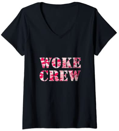Femme Woke Crew Camouflage Rose T-Shirt avec Col en V