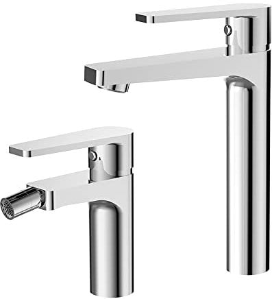 Inbagno Set rubinetti miscelatori lavabo Alto e Bidet Quadrati, Design Squadrato, rubinetteria in Ottone Cromato, Recta