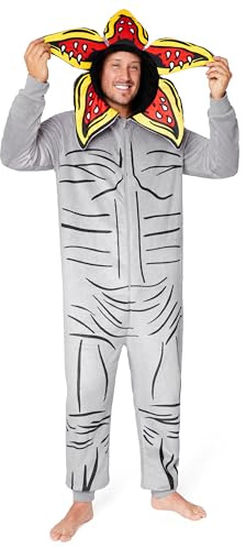 Stranger Things Onesie Herren S-2XL - Jumpsuit Herren Kuschelig mit Sherpa-gefütterter Kapuze, Bündchen und Full-Zip-Verschluss