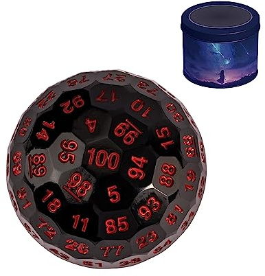 Poludie Verbesserter D100-Würfel, 100-seitiger polyedrischer Würfel, D&D-Würfel, 50 mm, Schwarz/Rot Schrift, Acryl, Dodekaeder