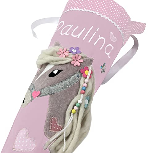 Schultüte/Zuckertüte Pferd mit Namen in pastellrosa zur Einschulung für Mädchen, aus Stoff, mit Kissen (Schultüte ohne Kissen)