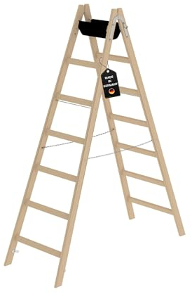 PROREGAL Sprossen-Stehleiter Holz mit Werkzeugablage | 2x7 Sprossen | Leiter, Teleskopleiter, Trittleiter, Bockleiter, Sprossen-Doppelleiter