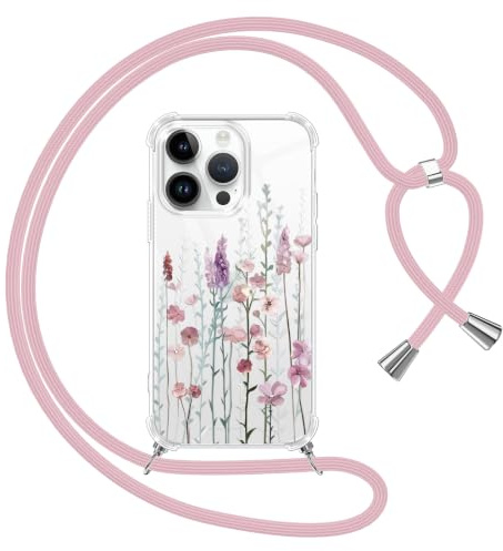 Yoedge Handyband Handyhülle für Apple iPhone 14 Pro 6,1 Hülle mit Band, Weiche Silikon TPU + PC Stoßfest Schutzhülle mit Kordel zum Umhängen, Durchsichtig Case mit Aesthetic Muster, Blumen 3