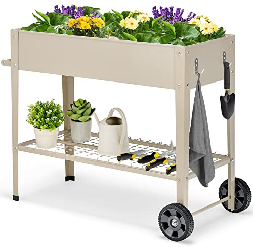 COSTWAY Hochbeet mit Ablage & 2 Rollen, Erhöhtes Gartenbeet Metall, Pflanzkasten mit Haken & Griff, Gemüsebeet Kräuterbeet groß, für Balkon Garten Terrasse, 95 x 40 x 80 cm (Weiß)