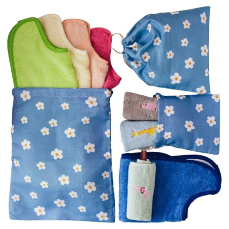MINIWOOD Pack de 5 baberos impermeables con goma para bebes ideal guarderia + 3 toallas con gancho para colgador (Azúl)